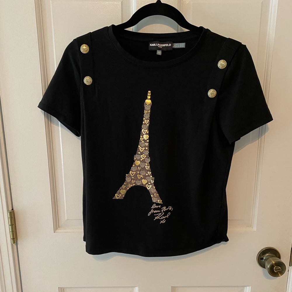 Karl Lagerfeld Black T-Shirt with Gold Eiffel Tower Design